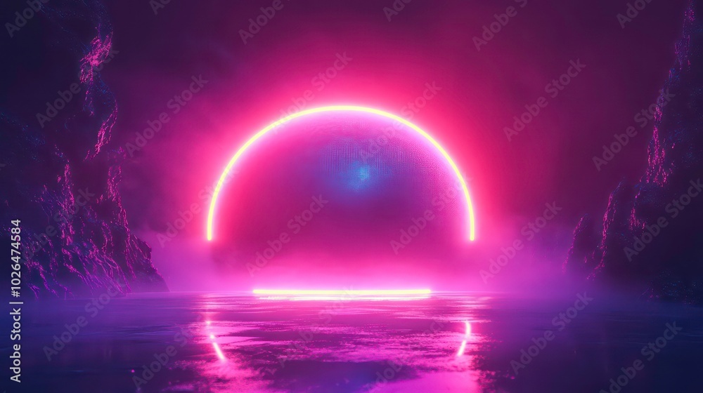 A glowing pink neon ring sits above a reflective surface in front of misty mountains. A glowing pink neon ring sits above a reflective surface in front of misty mountains.