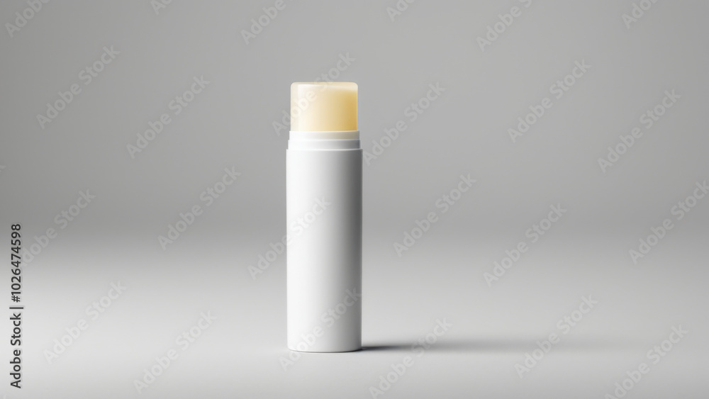 This image showcases a modern cylindrical lip balm package with a clean, minimalistic design against a soft neutral background, ideal for promoting high-quality cosmetics. This image showcases a modern cylindrical lip balm package with a clean, minimalistic design against a soft neutral background, ideal for promoting high-quality cosmetics.