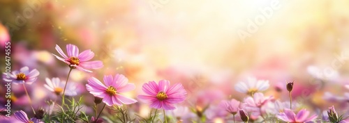 A vibrant field of pink flowers illuminated by soft sunlight, creating a serene atmosphere.