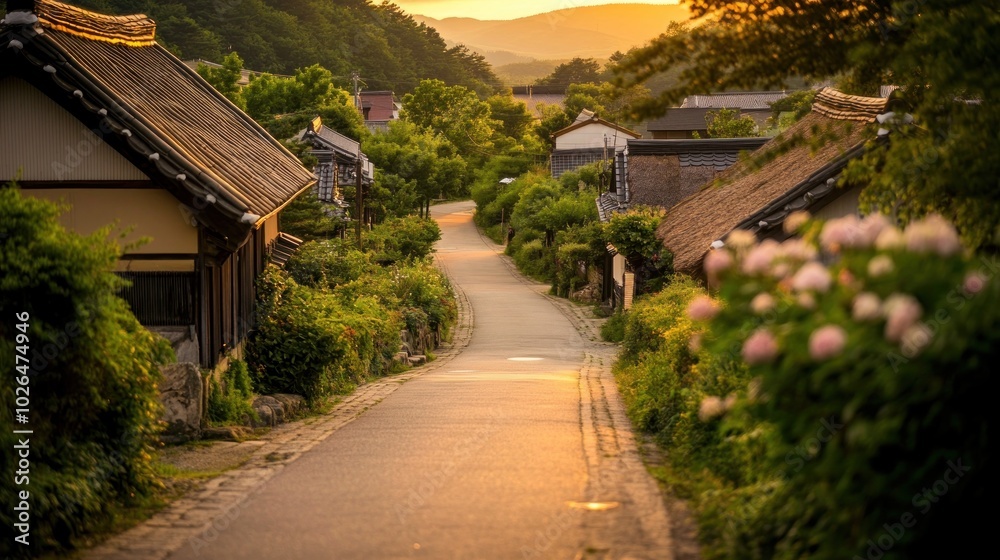Serene village path lined with lush greenery and traditional houses at sunset. Serene village path lined with lush greenery and traditional houses at sunset.