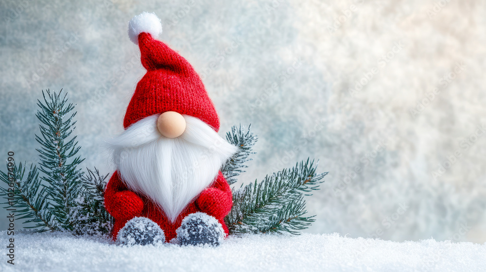 Christmas Gnome in Red Cap with Fir Branches on Snowy Background - Nordic Elf Holiday Greeting Card Concept Winter Festive Season Invitation Christmas Gnome in Red Cap with Fir Branches on Snowy Background - Nordic Elf Holiday Greeting Card Concept Winter Festive Season Invitation