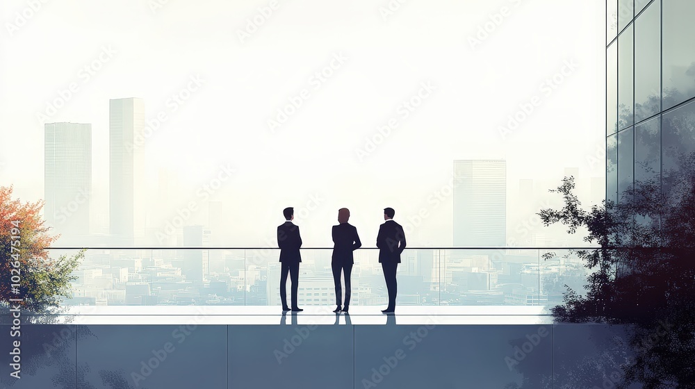 Urban Collaboration - Graphic Minimalistic Poster Design with Professionals on Balcony Overlooking Cityscape Urban Collaboration - Graphic Minimalistic Poster Design with Professionals on Balcony Overlooking Cityscape