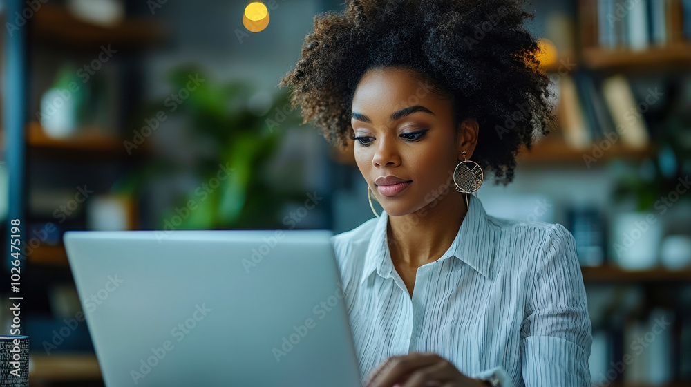 Fototapeta premium Focused Businesswoman Using Laptop to Prepare Invoice in Modern Office Setting, Financial Planning and Digital Administration