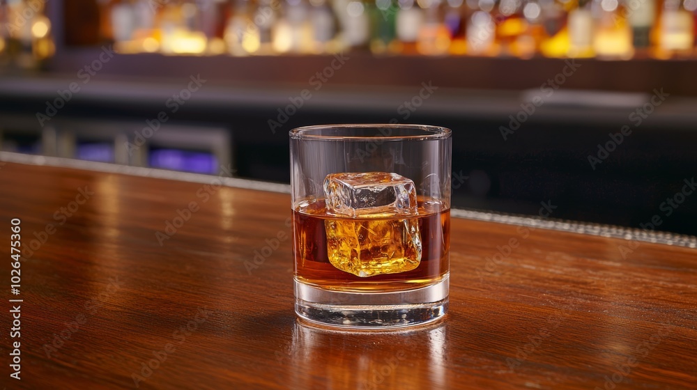 A glass of whiskey with ice sits on a polished wooden bar, set against a blurred background of liquor bottles. A glass of whiskey with ice sits on a polished wooden bar, set against a blurred background of liquor bottles.