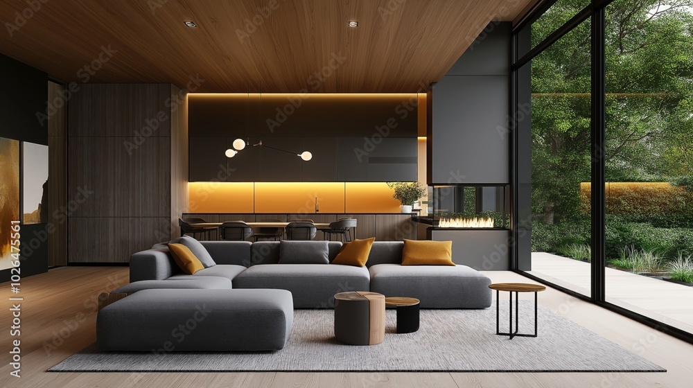 Fototapeta premium Modern living room interior with large windows, gray sofa, wooden ceiling, and stylish lighting. Features open kitchen, cozy fireplace, and outdoor garden view.