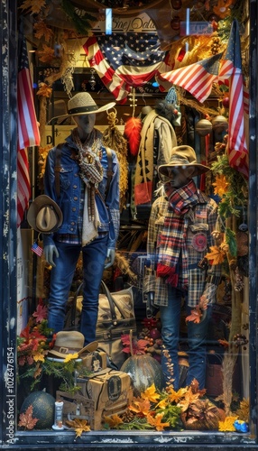 Columbus Day Retail Display with Explorer-Themed Clothing and Autumn Decor for Store Window photo