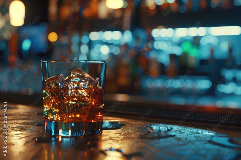 A single glass of whiskey placed on the counter of a bar, perfect for a cozy evening or a relaxing drink A single glass of whiskey placed on the counter of a bar, perfect for a cozy evening or a relaxing drink