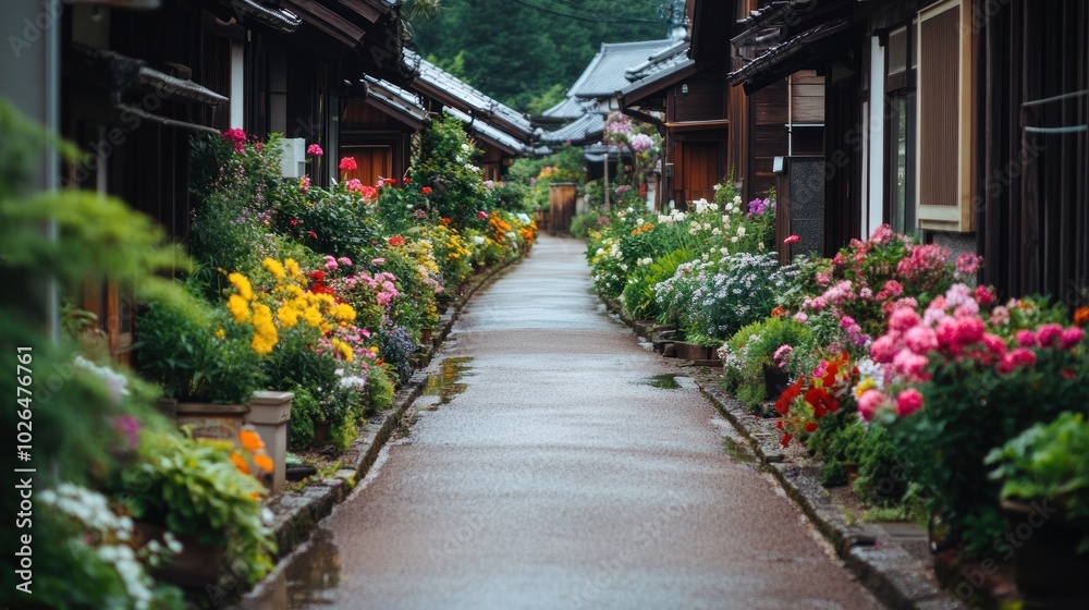 A serene pathway lined with colorful flowers in a quaint village setting. A serene pathway lined with colorful flowers in a quaint village setting.