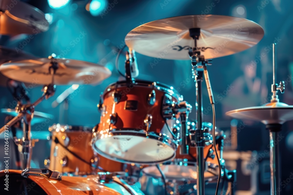 Close up shot of a drum set on a stage