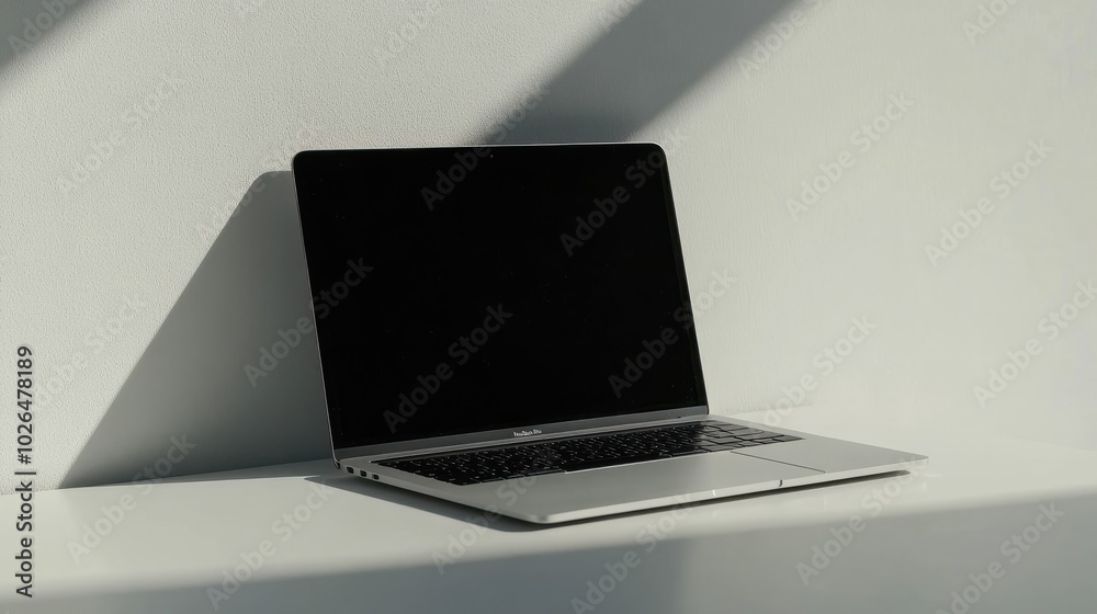 A sleek laptop computer rests on a crisp white desk, ready for productivity and inspiration to flow. Mockup for design. Isolated. A sleek laptop computer rests on a crisp white desk, ready for productivity and inspiration to flow. Mockup for design. Isolated.
