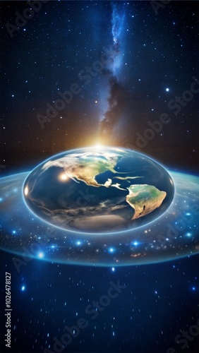 Creative illustration of a flat Earth concept in a cosmic space environment photo