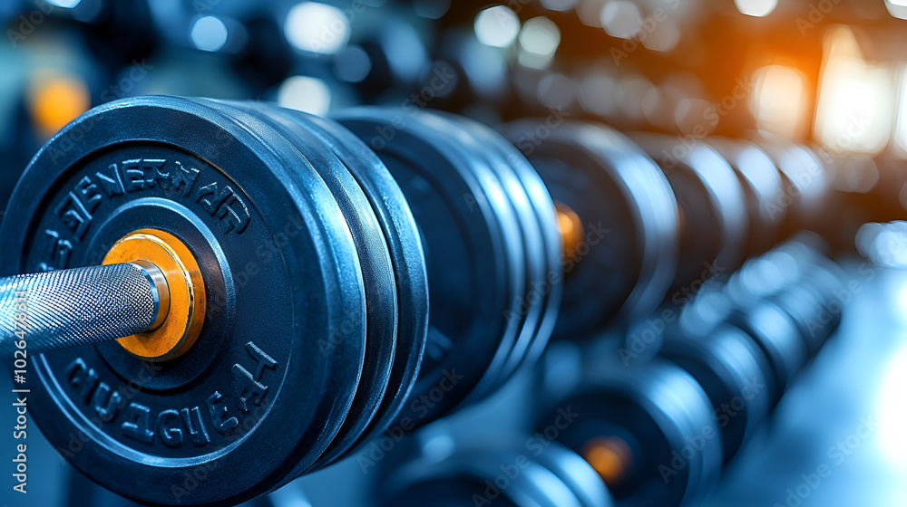 A close-up view of weighted dumbbells arranged neatly in a gym during evening hours A close-up view of weighted dumbbells arranged neatly in a gym during evening hours