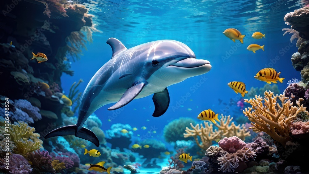 Fototapeta premium A dolphin swims gracefully among colorful coral and fish in a vibrant underwater scene.