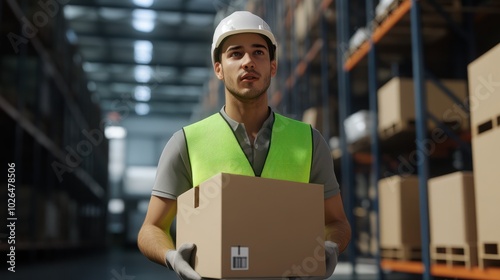 a warehouse worker wearing a neon green vest and a white helmet, holding a cardboard craft box