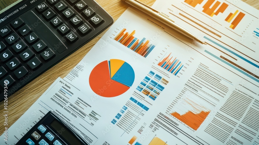 © Johannes - An overhead view of a desk with printed financial reports featuring pie charts and graphs, accompanied by a calculator and financial documents