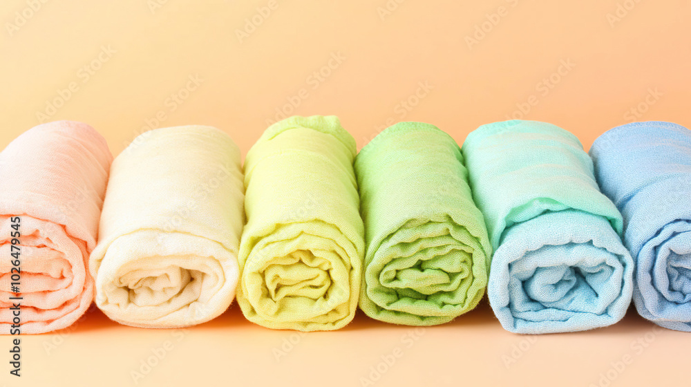 Pastel-colored soft towels rolled up neatly in a row. AI-generated Pastel-colored soft towels rolled up neatly in a row. AI-generated