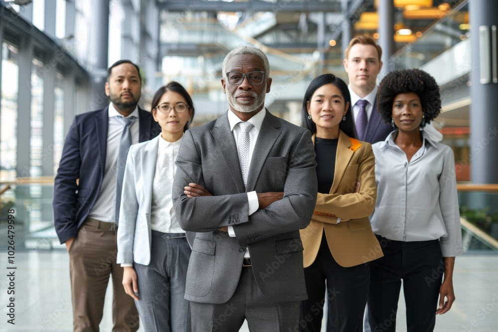 Group of diverse business people standing together with arms crossed in modern office Group of diverse business people standing together with arms crossed in modern office