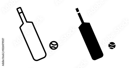 Cricket bat and ball Icons set in solid and thin line style