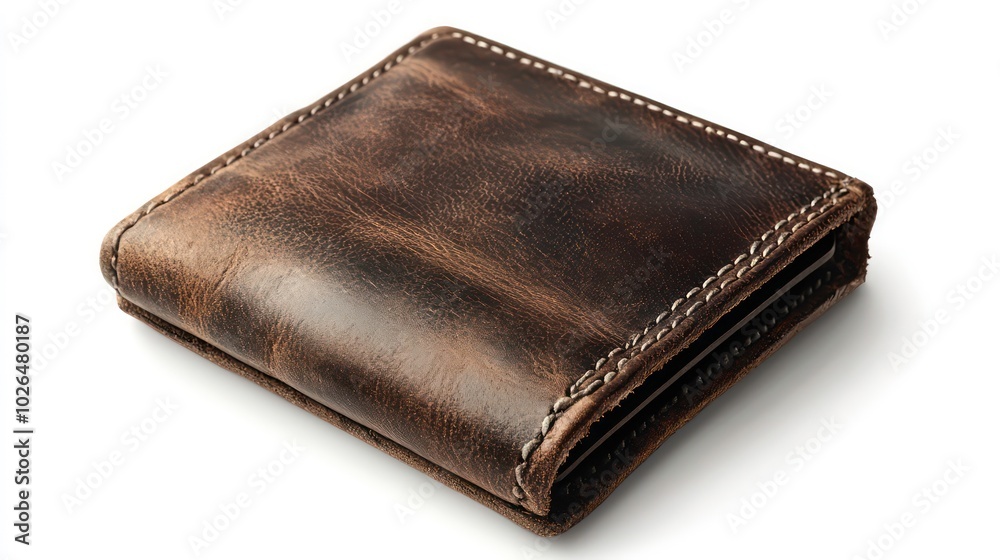 A brown leather wallet isolated on a white background. A brown leather wallet isolated on a white background.