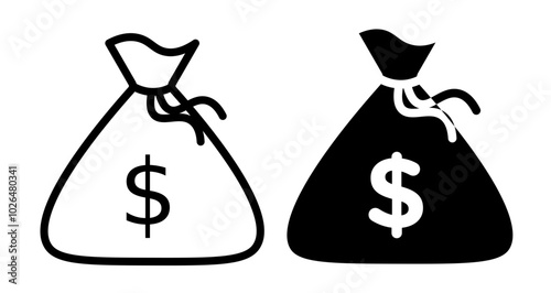 Money bag Icons set in solid and thin line style
