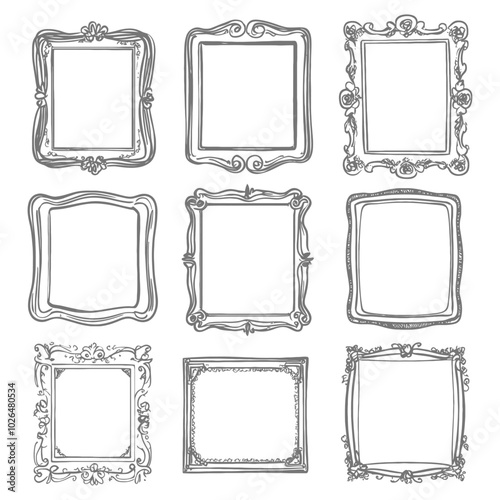 Set of nine hand drawn decorative picture frames