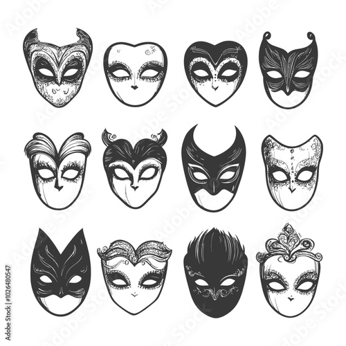 Set of Twelve Hand Drawn Venetian Carnival Masks