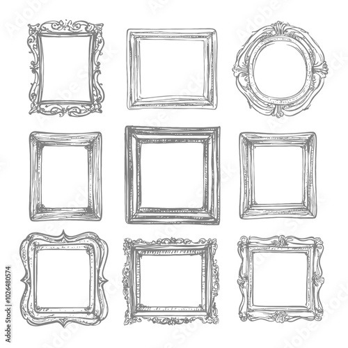 Set of Nine Hand Drawn Ornate Picture Frames