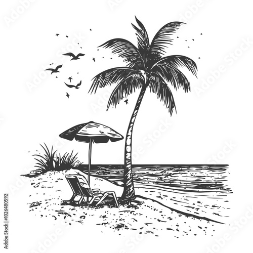 Palm Tree Beach Scene with Lounger and Umbrella
