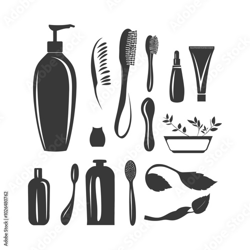 Set of Black and White Silhouettes of Bathroom Products