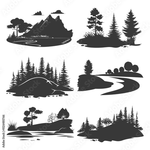 Set of Black and White Forest Silhouettes with Mountains Trees and Rivers