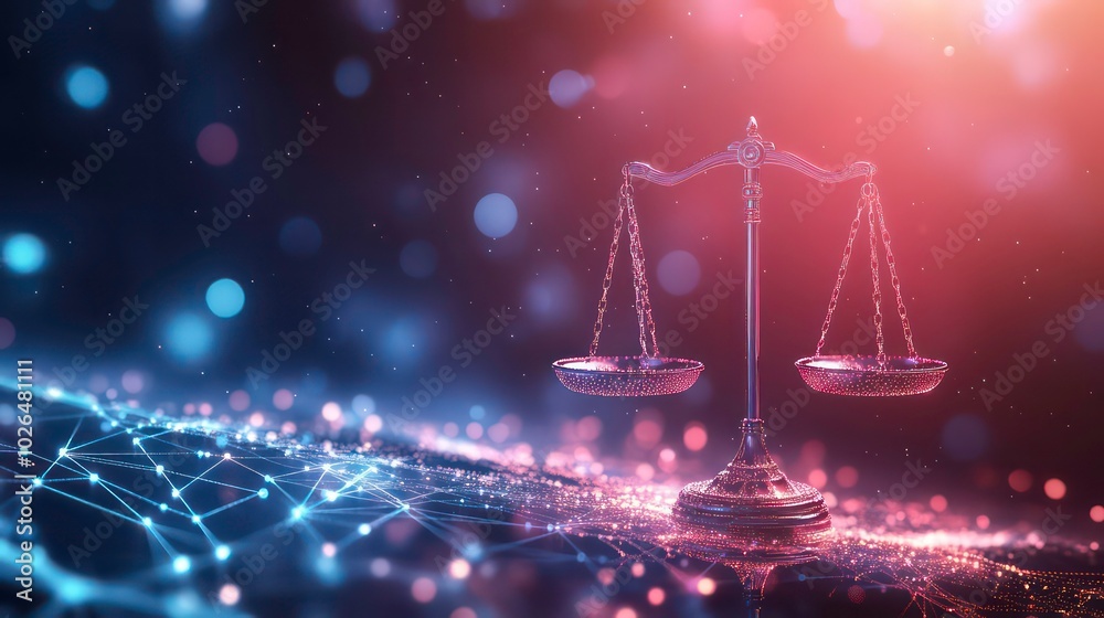 A golden scales of justice stands on a network of glowing lines and dots against a dark background with bokeh lights. A golden scales of justice stands on a network of glowing lines and dots against a dark background with bokeh lights.