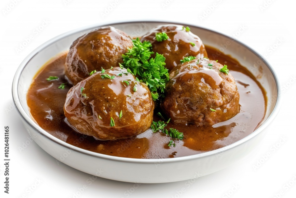 A bowl filled with meatballs and gravy, perfect for comfort food or appetizer A bowl filled with meatballs and gravy, perfect for comfort food or appetizer