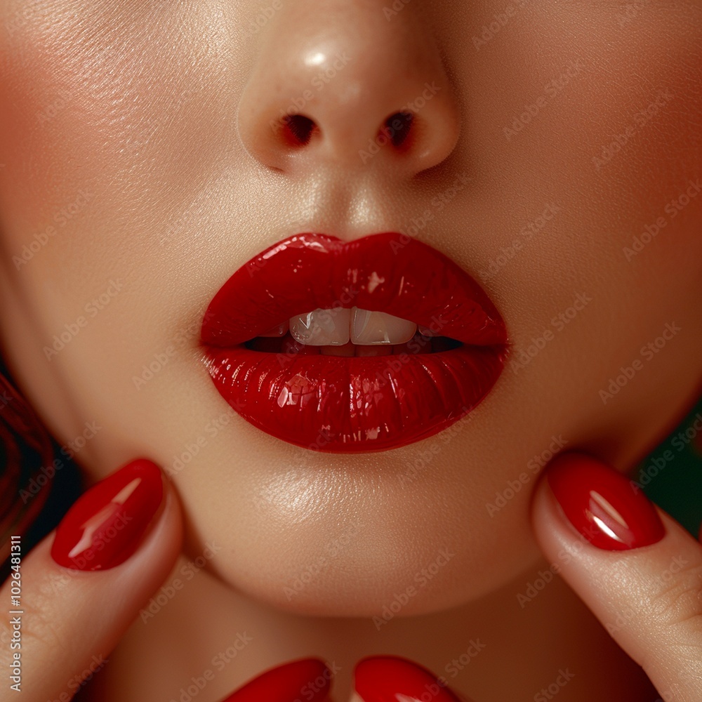 Obraz premium Hyper-Realistic Close-Up Portrait of Beautiful Woman with Bold Red Lips 