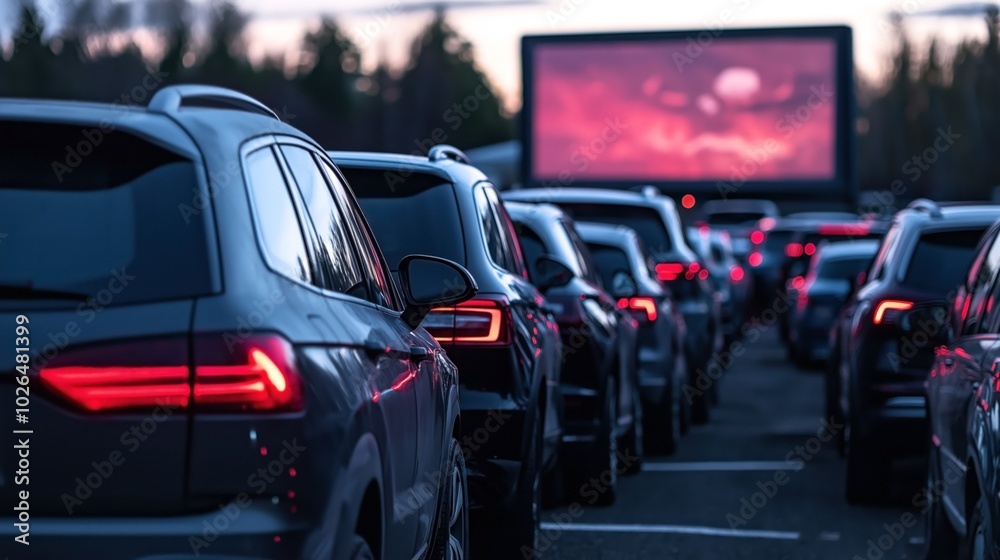 Cars parked in a drive-in theater at dusk with a large illuminated screen and trees in the background Cars parked in a drive-in theater at dusk with a large illuminated screen and trees in the background