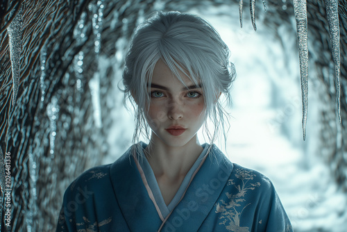 The Japanese snow ghost, or yuki-onna, appears on snowy nights as a beautiful but fierce young woman with long white hair. photo