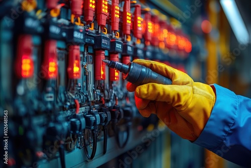 Gloved Hand Using a Screwdriver on Electrical Panel photo