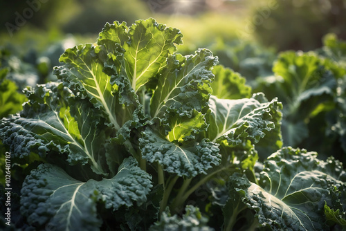fresh kale leaves in the sunlight in the field