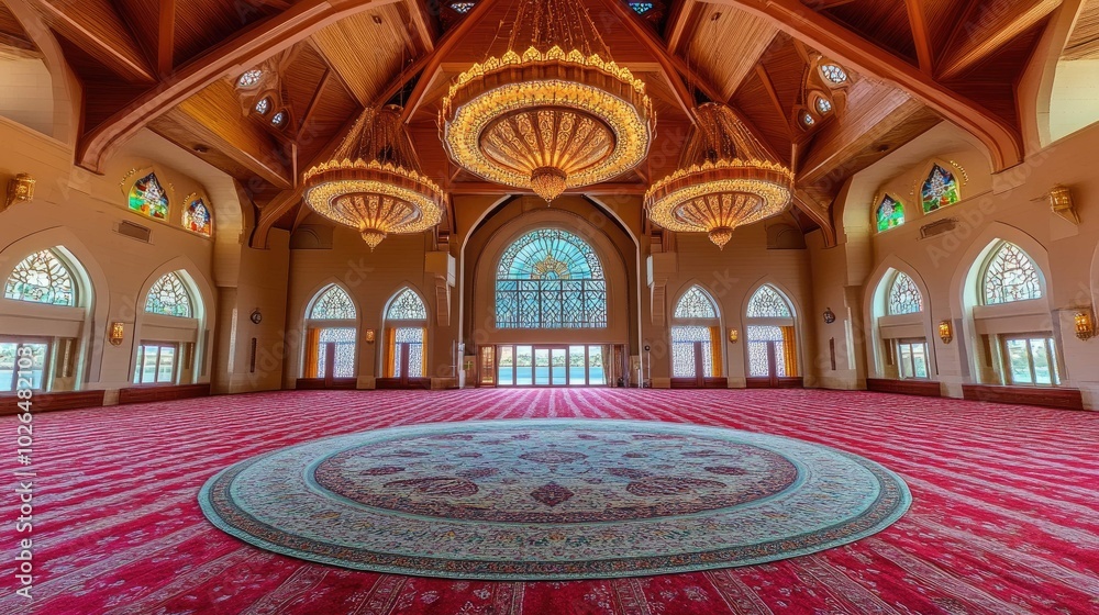 Obraz premium An empty mosque interior with ornate chandeliers, stained glass windows, and a red carpet.