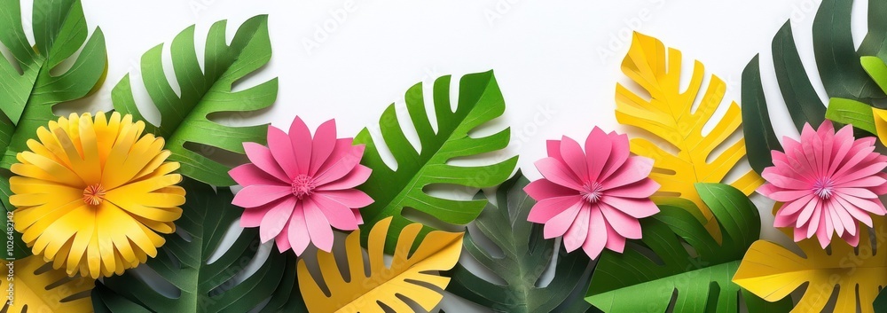 A vibrant arrangement of paper flowers and leaves in bright colors for decoration. A vibrant arrangement of paper flowers and leaves in bright colors for decoration.