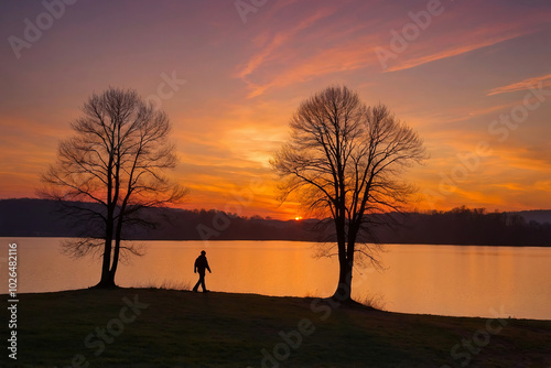 a lone walker walks along the lakeshore at sunset. (silhouette)
