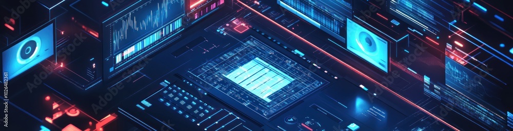 A digital circuit board with glowing elements and data visualizations, symbolizing technology. A digital circuit board with glowing elements and data visualizations, symbolizing technology.