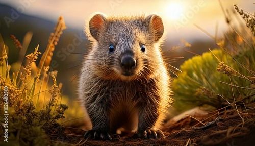 A very cute baby Wombat standing in the wild photo