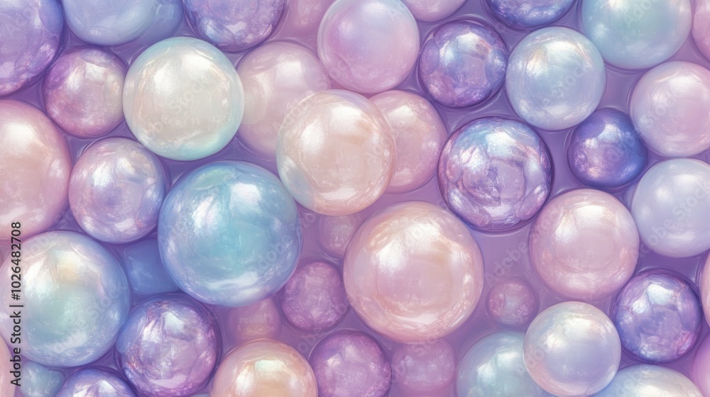A colorful array of glossy, iridescent spheres in pastel shades. A colorful array of glossy, iridescent spheres in pastel shades.
