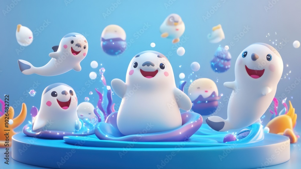 Cute cartoon seals playfully swimming in colorful water, creating a joyful scene. Cute cartoon seals playfully swimming in colorful water, creating a joyful scene.