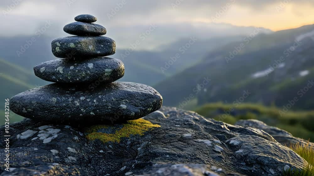 Zen Stones Stacked in Peaceful Mountain Setting at Sunset Zen Stones Stacked in Peaceful Mountain Setting at Sunset