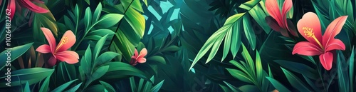 A vibrant jungle scene filled with lush green foliage and colorful pink flowers.