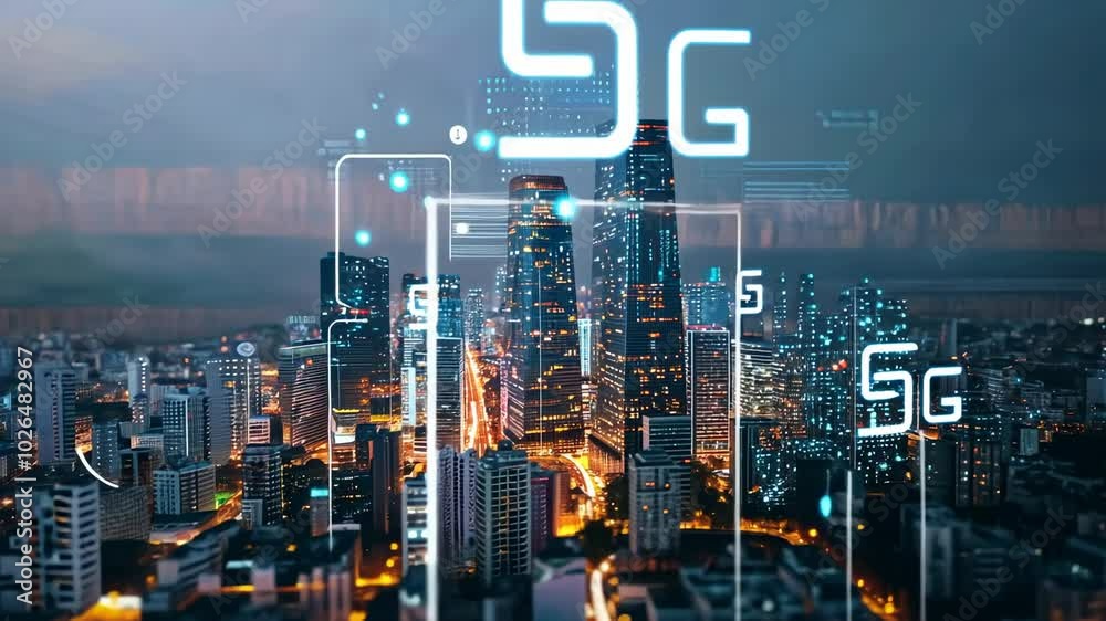 5G Network Infrastructure: Modern cityscape with 5G antennas and network symbols indicating high-speed connectivity