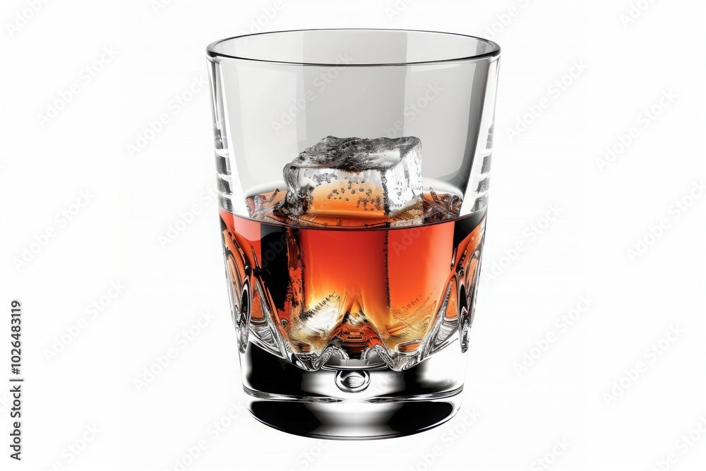 A close-up of a glass of whiskey with ice cubes, showcasing the amber liquid and the reflective clarity of the glass against a white background
A close-up of a glass of whiskey with ice cubes, showcasing the amber liquid and the reflective clarity of the glass against a white background