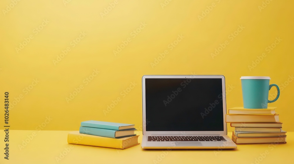 Fototapeta premium Laptop, books and a cup of coffee on yellow background with copy space.