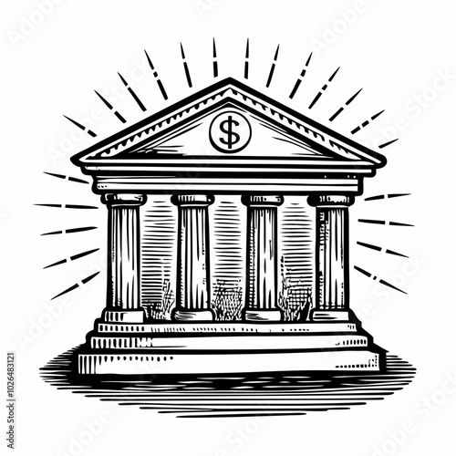 Vintage Bank Building Illustration with Currency Symbol and Radiating Lines